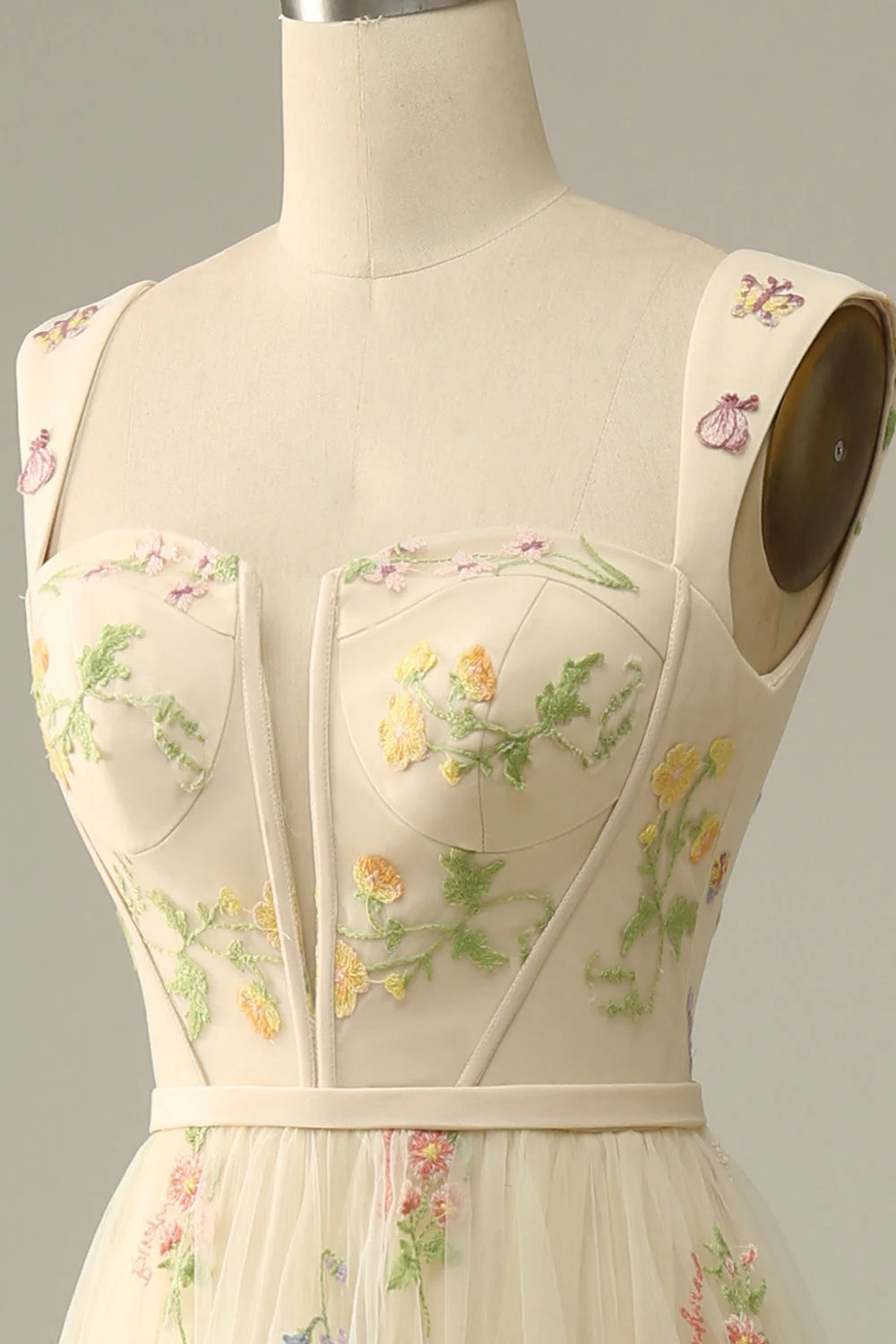 Champagne A-Line Square Neck Embroidered Prom Dress