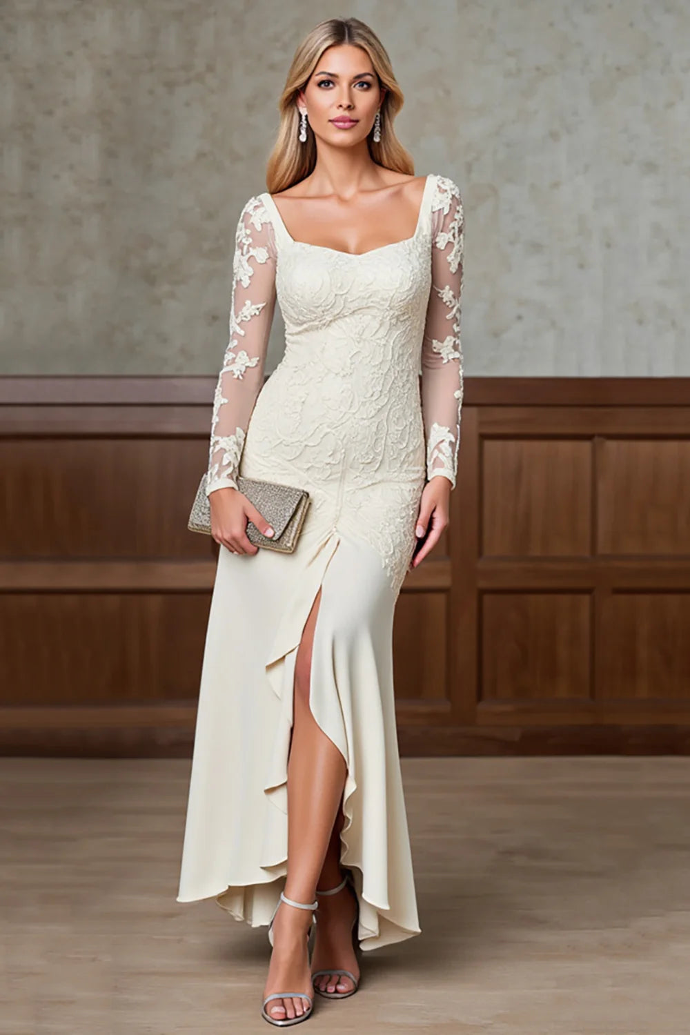 Champagne Appliques Long Sleeves Mother of the Bride Dress with Slit