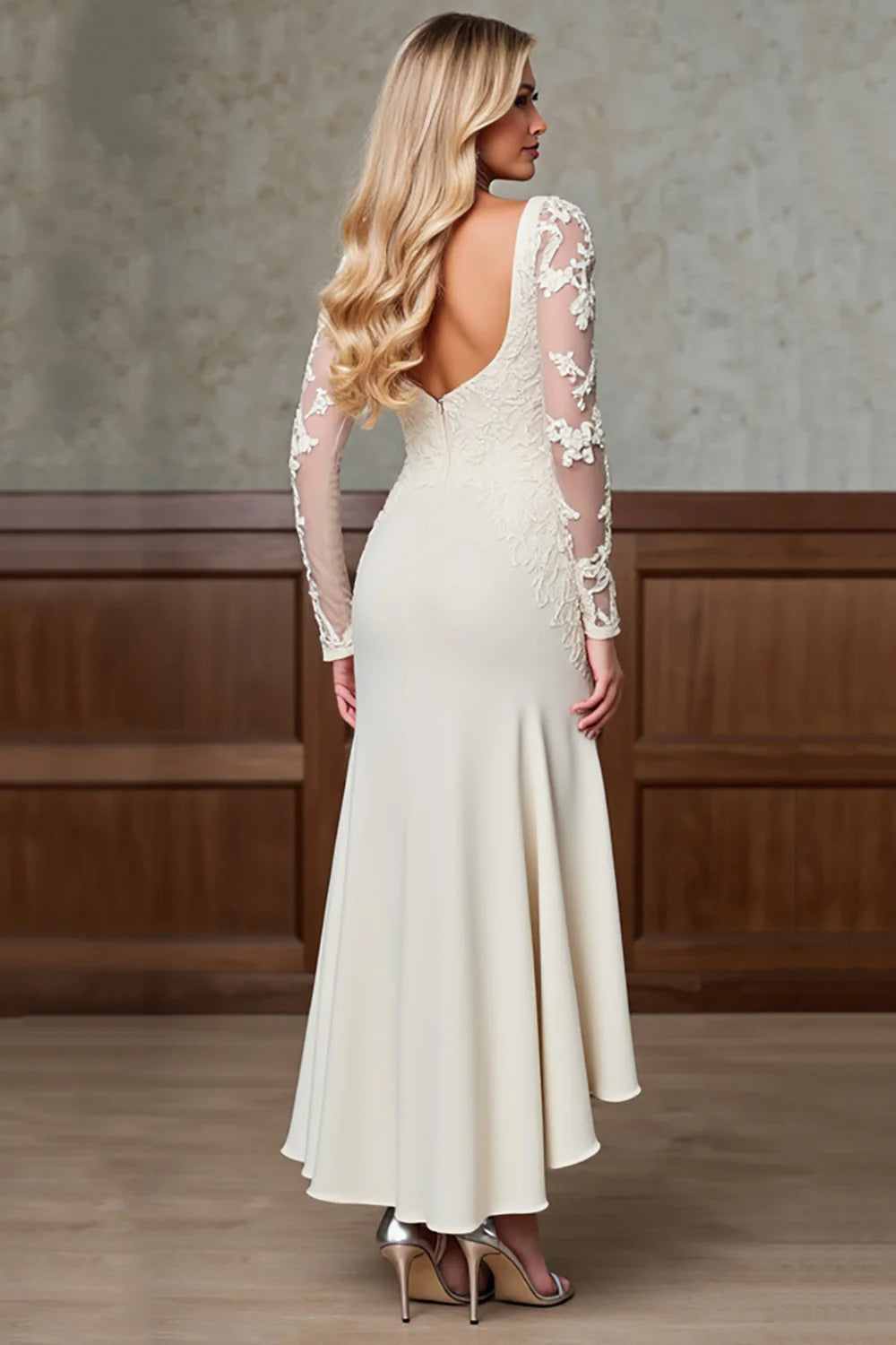 Champagne Appliques Long Sleeves Mother of the Bride Dress with Slit