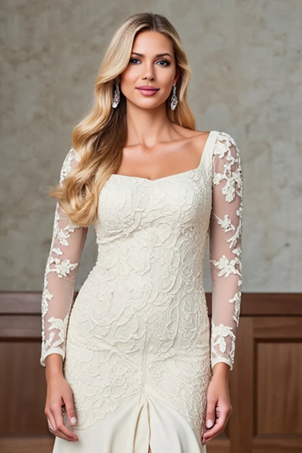Champagne Appliques Long Sleeves Mother of the Bride Dress with Slit