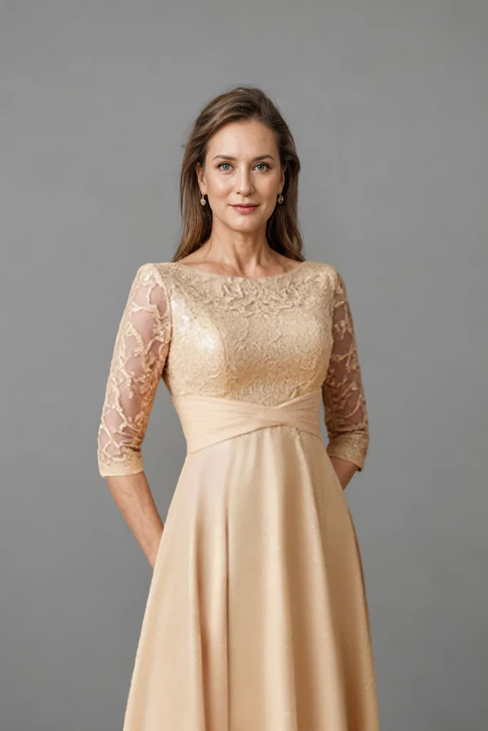 Champagne Boat Neck Long Mother of the Bride Dress with 3/4 Sleeves