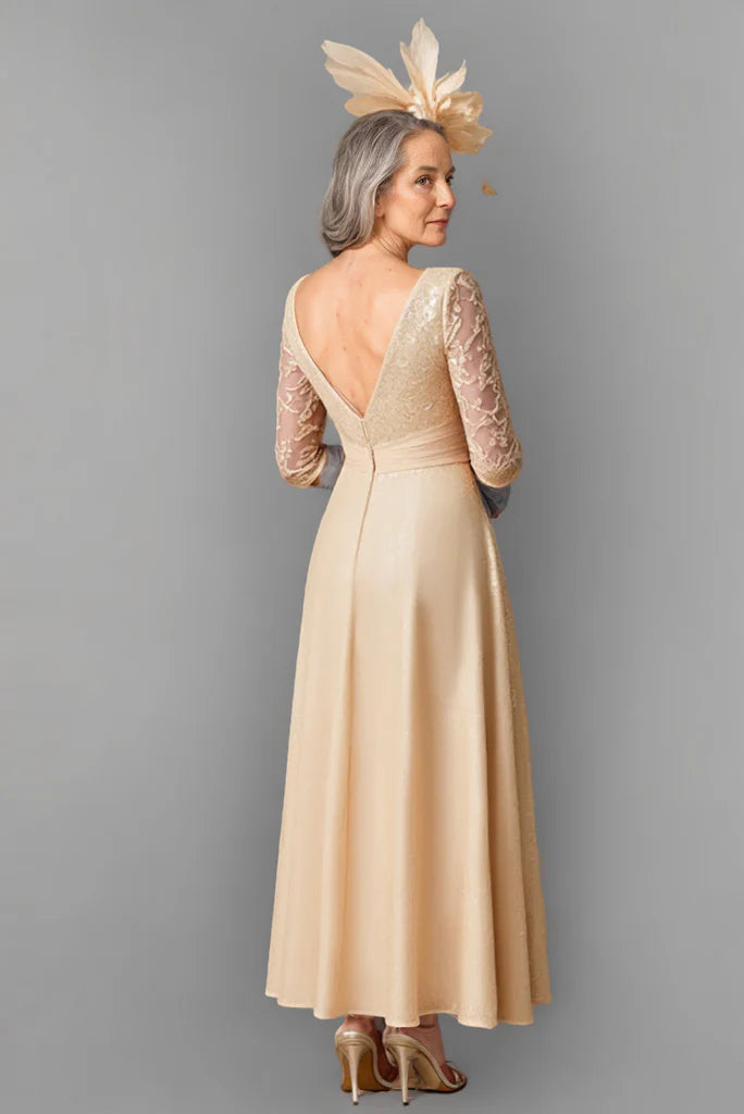 Champagne Boat Neck Long Mother of the Bride Dress with 3/4 Sleeves