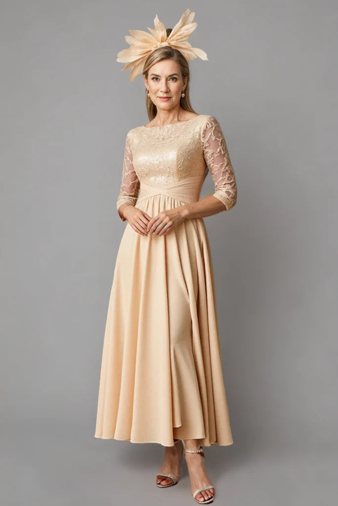 Champagne Boat Neck Long Mother of the Bride Dress with 3/4 Sleeves