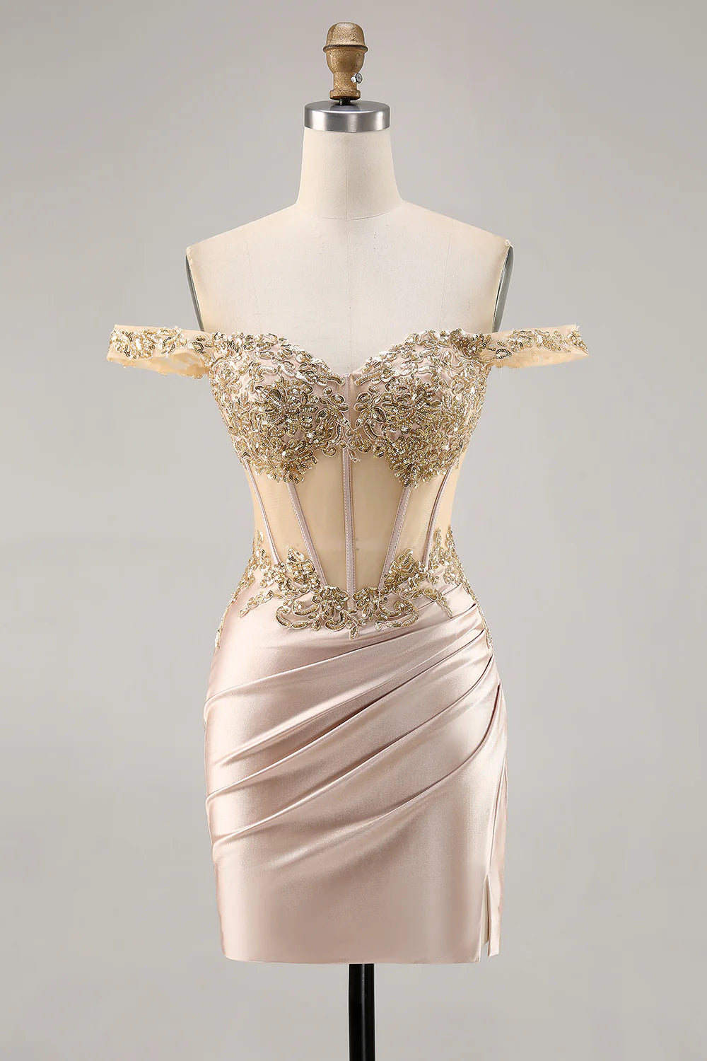 Champagne Bodycon Off The Shoulder Corset Satin Homecoming Dress with Sequins