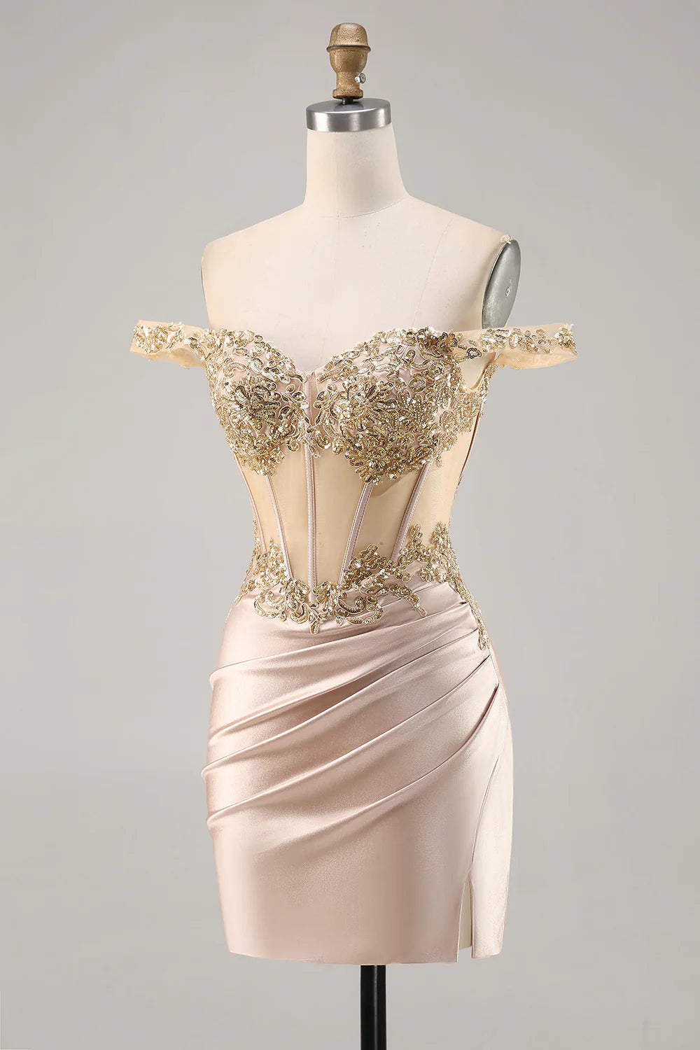 Champagne Bodycon Off The Shoulder Corset Satin Homecoming Dress with Sequins