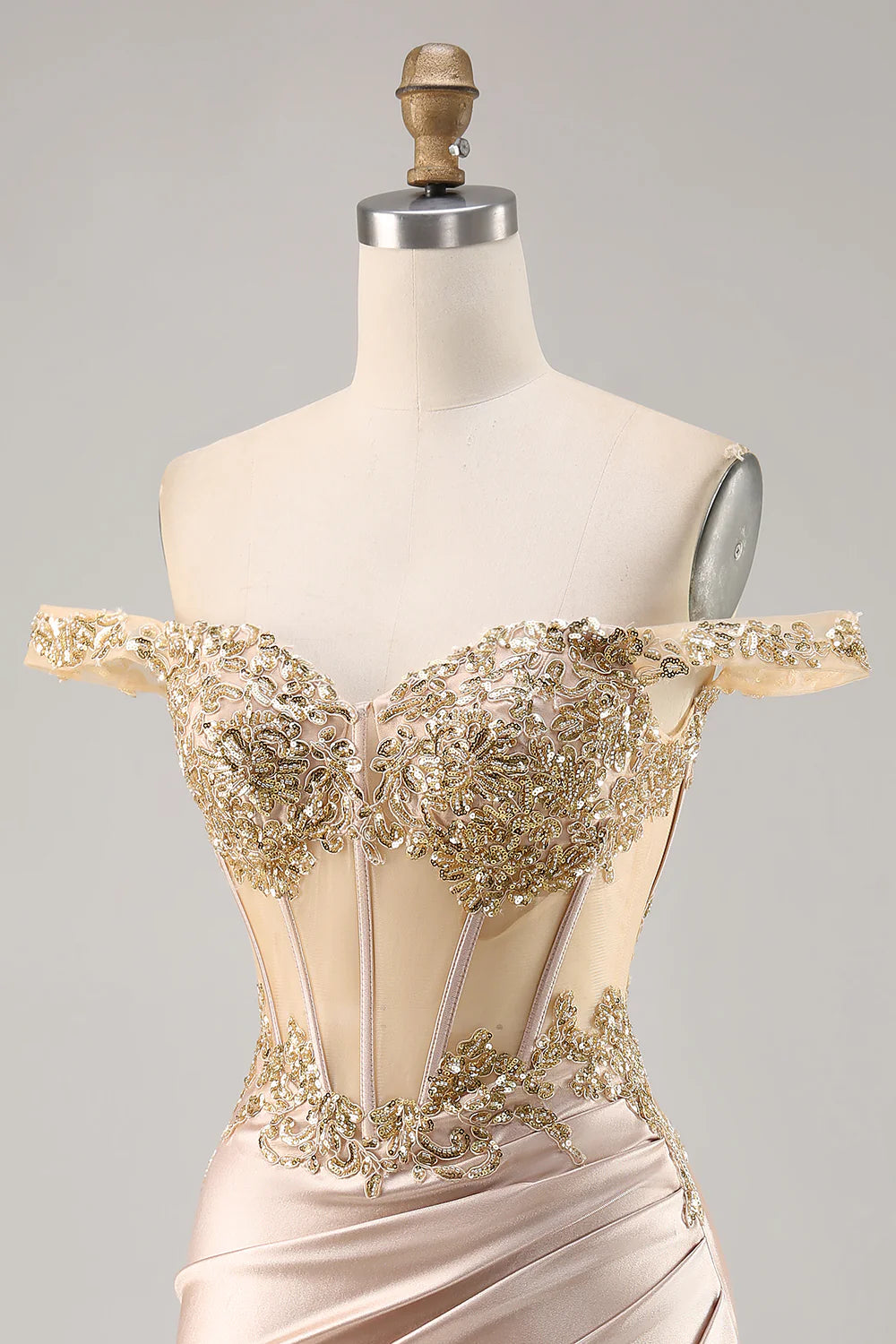 Champagne Bodycon Off The Shoulder Corset Satin Homecoming Dress with Sequins