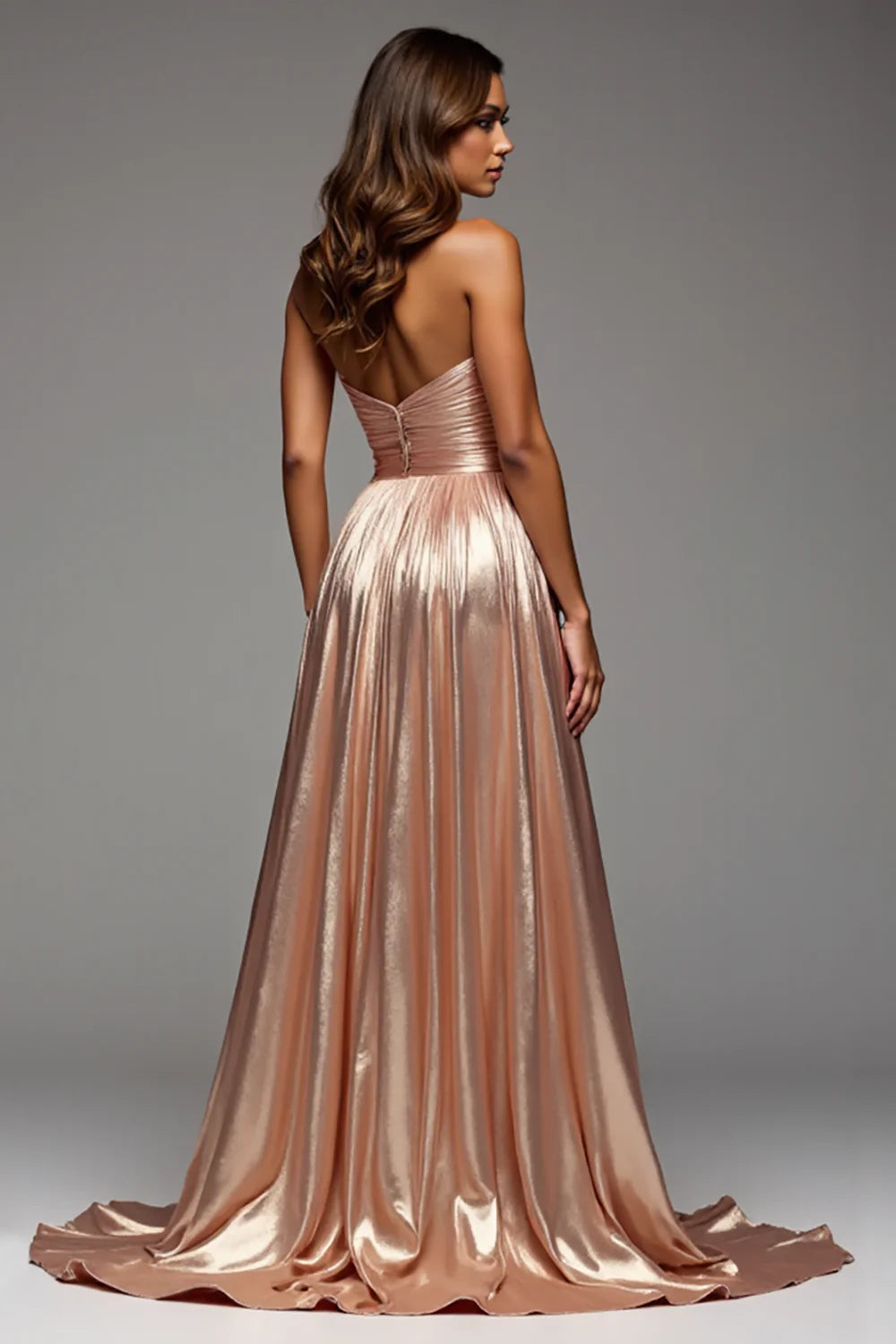 Champagne Metallic A Line Sweetheart Long Prom Dress with Slit