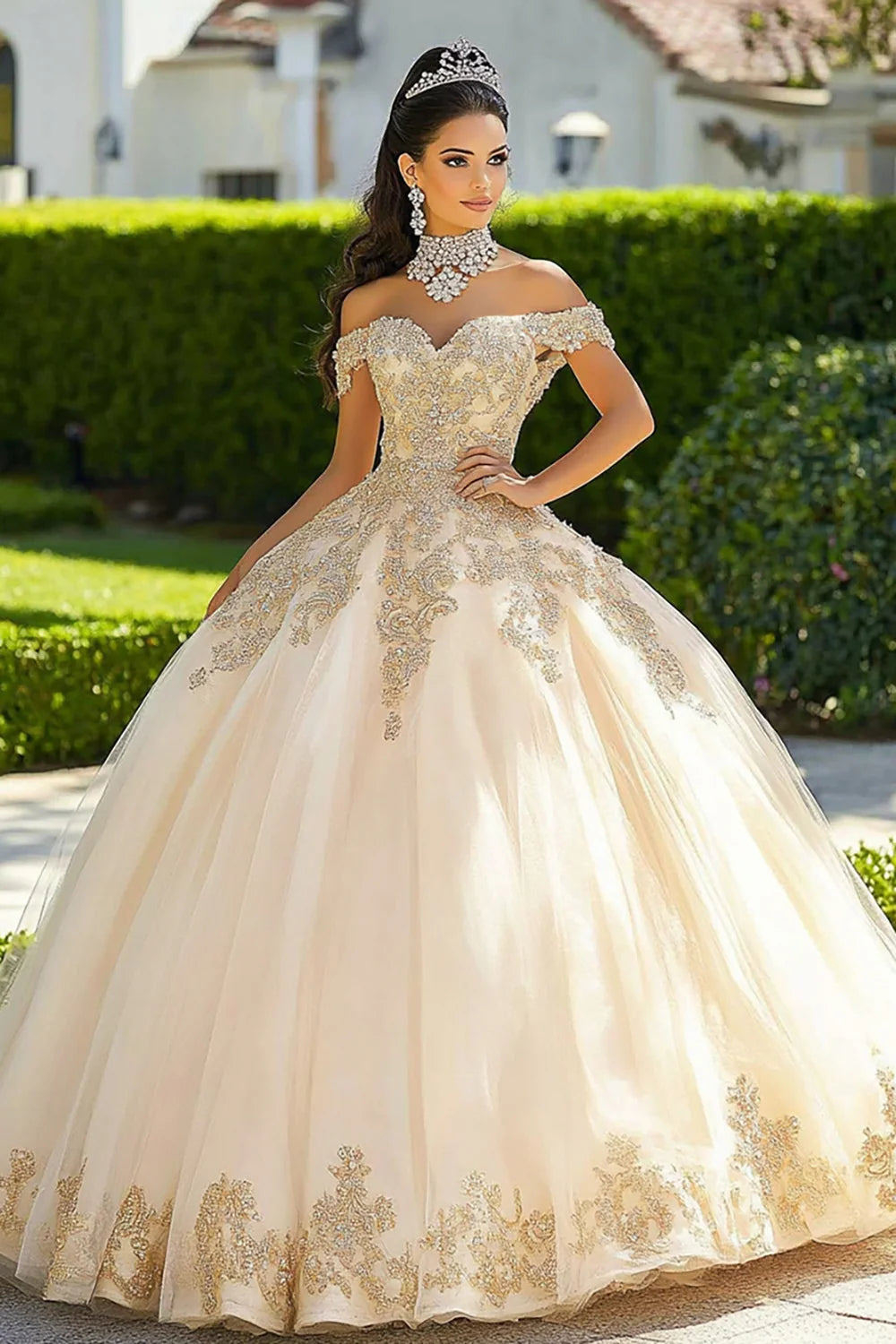 Champagne Off the Shoulder Ball Gown Princess Long Quinceanera Dress with Lace