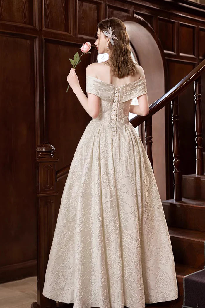 Champagne Print Satin Long Prom Dress, A-Line Off the Shoulder Party Dress