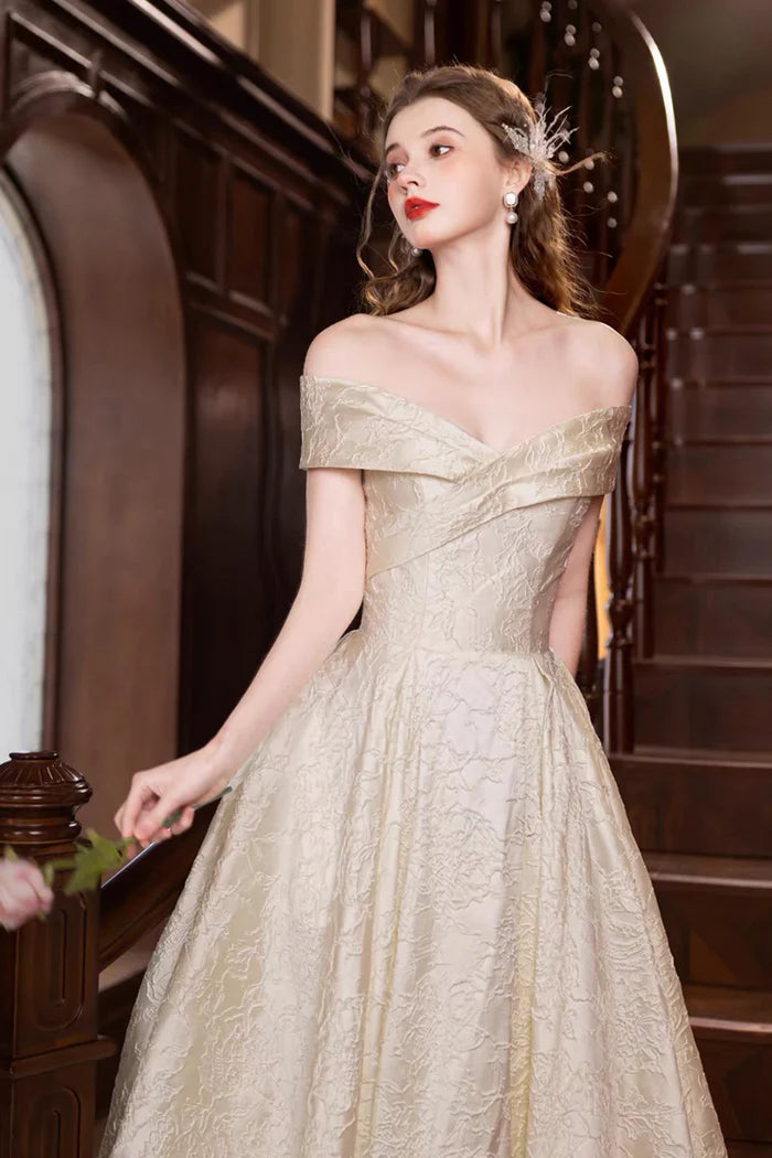 Champagne Print Satin Long Prom Dress, A-Line Off the Shoulder Party Dress