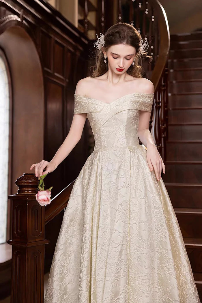 Champagne Print Satin Long Prom Dress, A-Line Off the Shoulder Party Dress