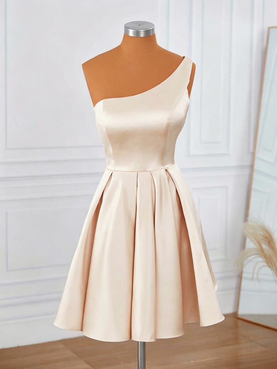 Champagne Satin One Shoulder Pleated A-Line Short Homecoming Dresses