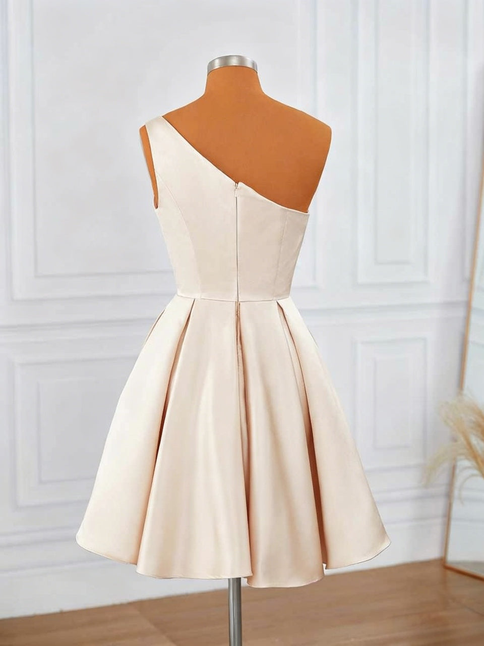 Champagne Satin One Shoulder Pleated A-Line Short Homecoming Dresses