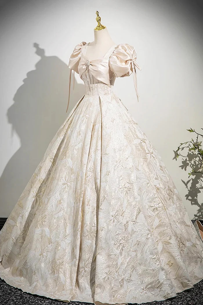 Champagne Satin Printed Pattern Long Prom Dress, Beautiful A-Line Party Dress