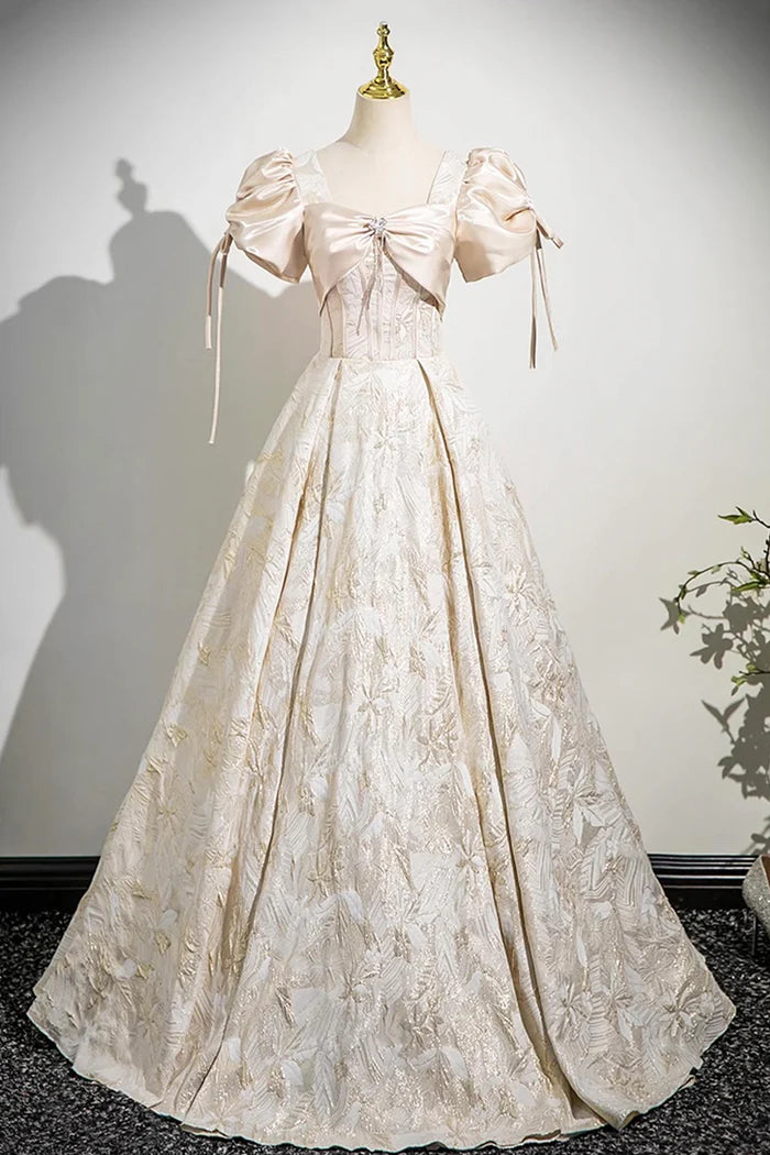 Champagne Satin Printed Pattern Long Prom Dress, Beautiful A-Line Party Dress