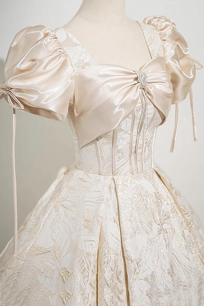 Champagne Satin Printed Pattern Long Prom Dress, Beautiful A-Line Party Dress