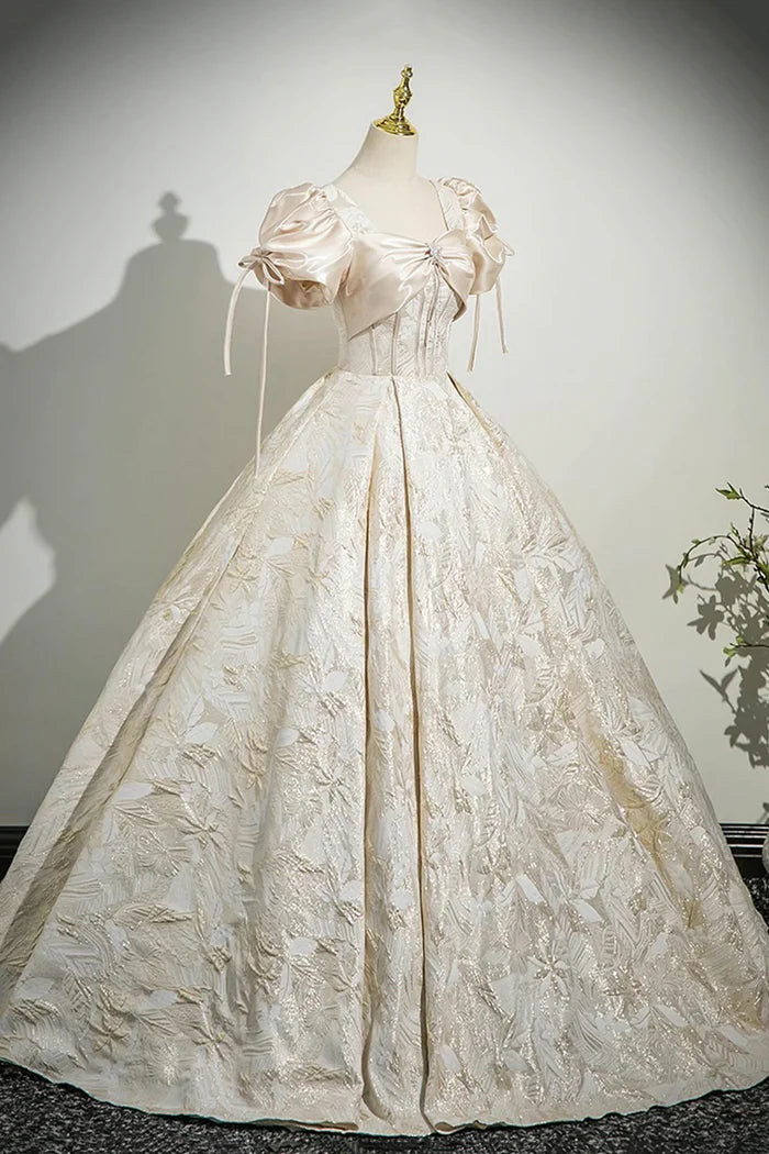 Champagne Satin Printed Pattern Long Prom Dress, Beautiful A-Line Party Dress