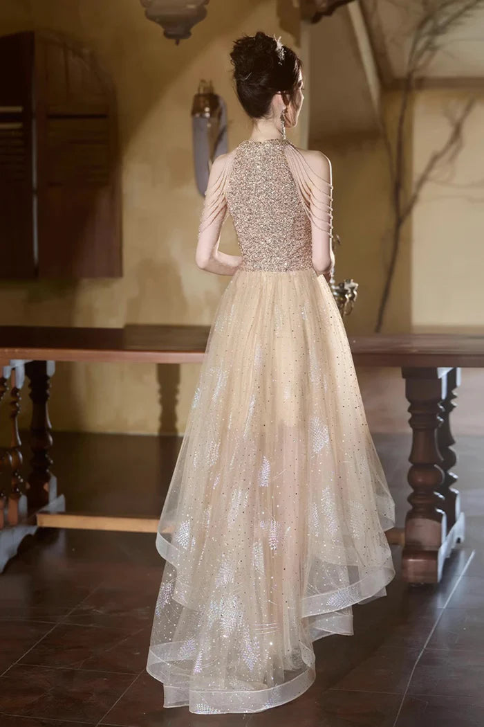 Champagne Tulle Beads Short Party Dress, A-Line High Low Prom Homecoming Dress