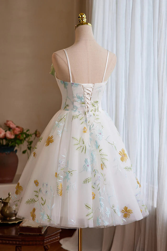 Champagne Tulle Floral Short Prom Dress, Beautiful A-Line Homecoming Party Dress