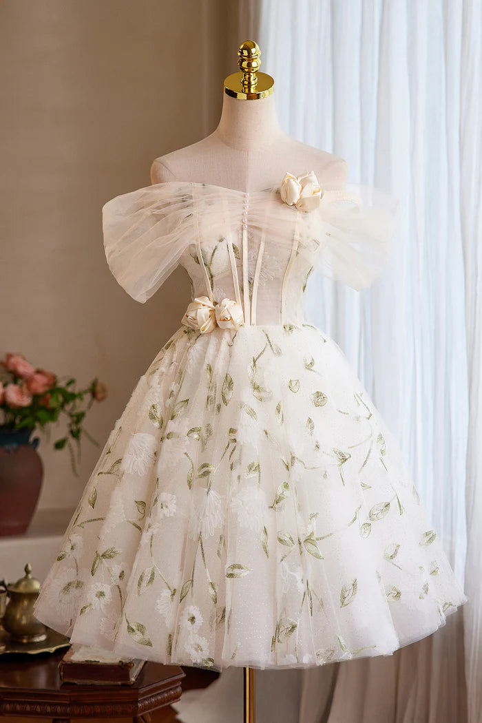Champagne Tulle Floral Short Prom Dress, Beautiful A-Line Homecoming Party Dress