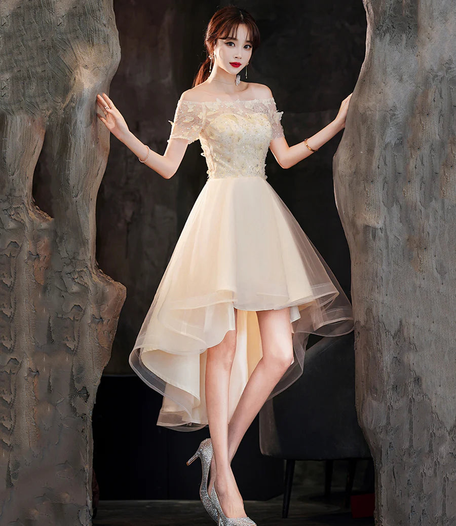 Champagne Tulle High Low Prom Dresses, A-Line Party Dresses