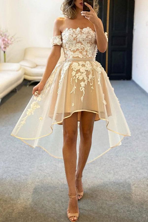 Champagne Tulle Off The Shoulder High Low Homecoming Dresses