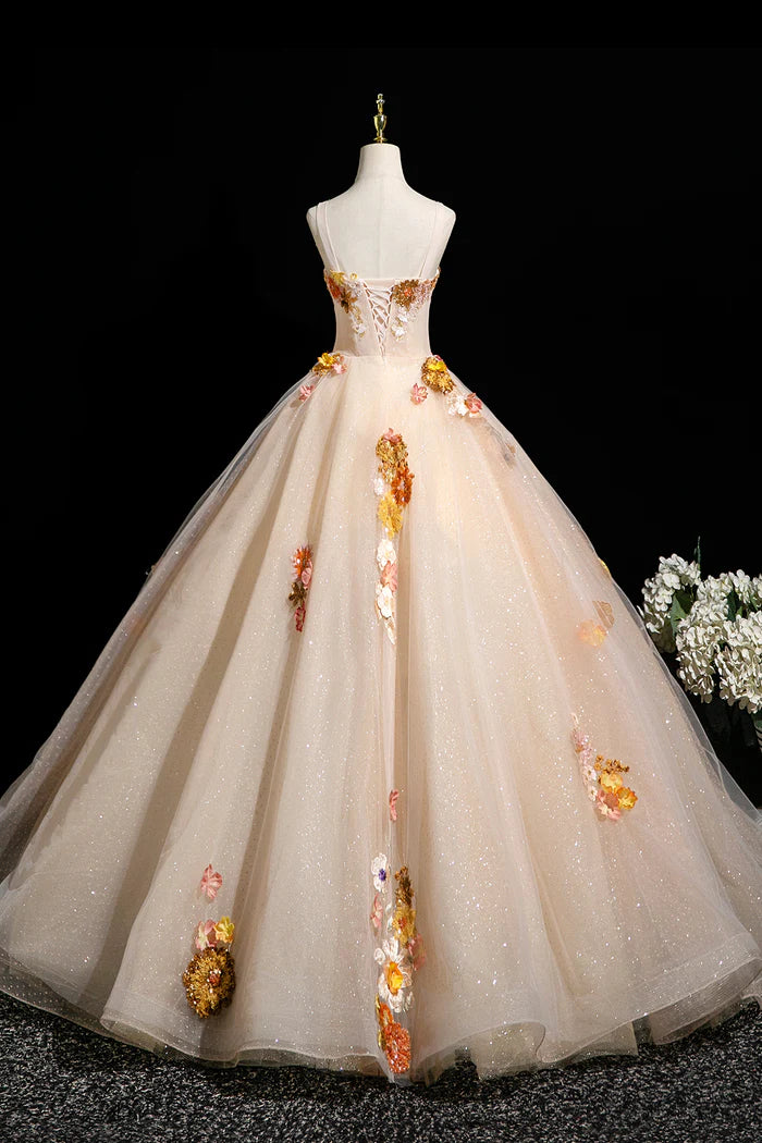 Champagne Tulle Sequins Long Prom Dress, Beautiful A-Line Evening Party Dress