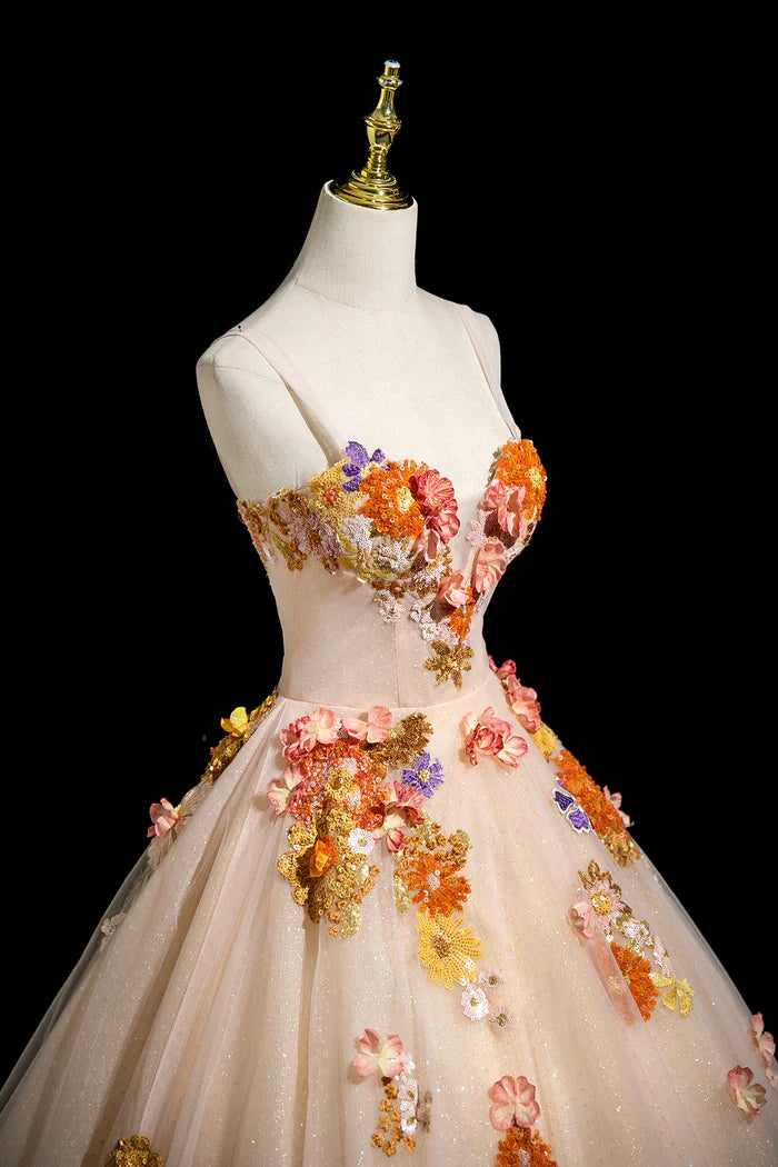 Champagne Tulle Sequins Long Prom Dress, Beautiful A-Line Evening Party Dress