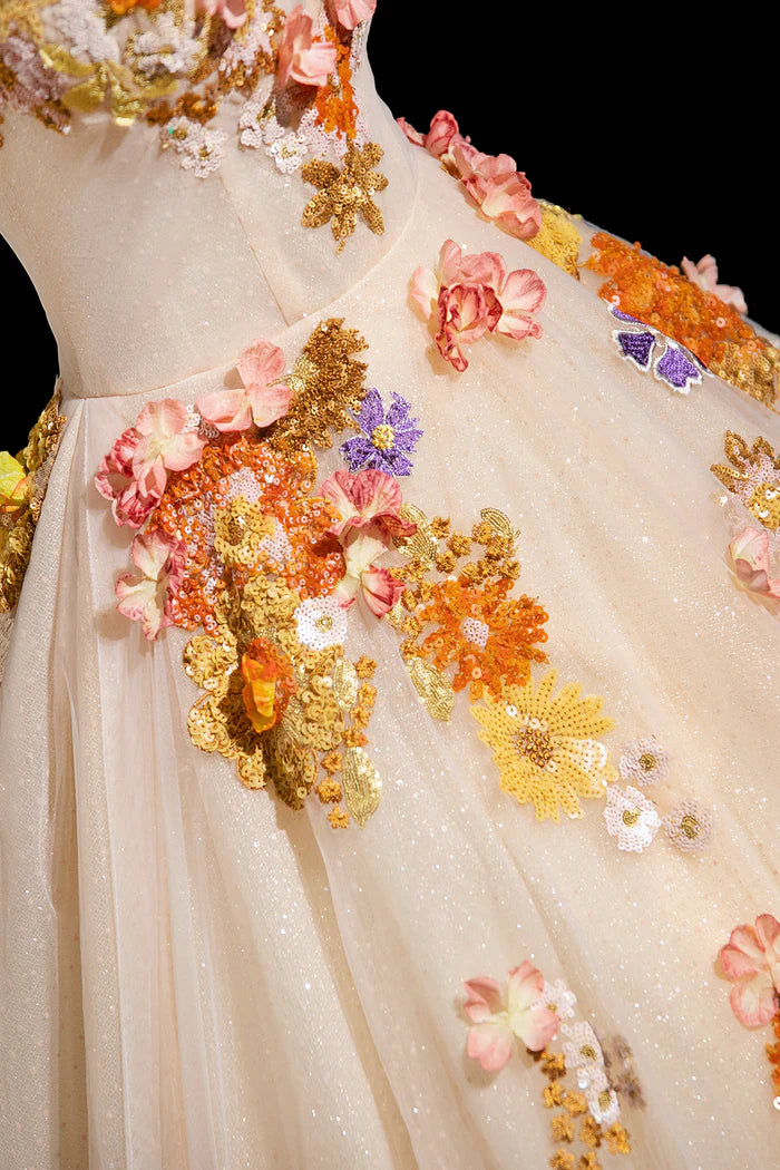 Champagne Tulle Sequins Long Prom Dress, Beautiful A-Line Evening Party Dress