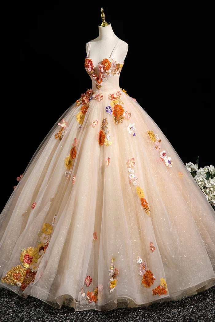 Champagne Tulle Sequins Long Prom Dress, Beautiful A-Line Evening Party Dress