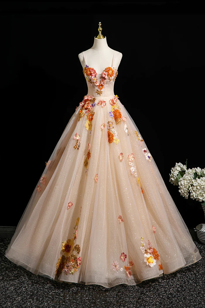 Champagne Tulle Sequins Long Prom Dress, Beautiful A-Line Evening Party Dress