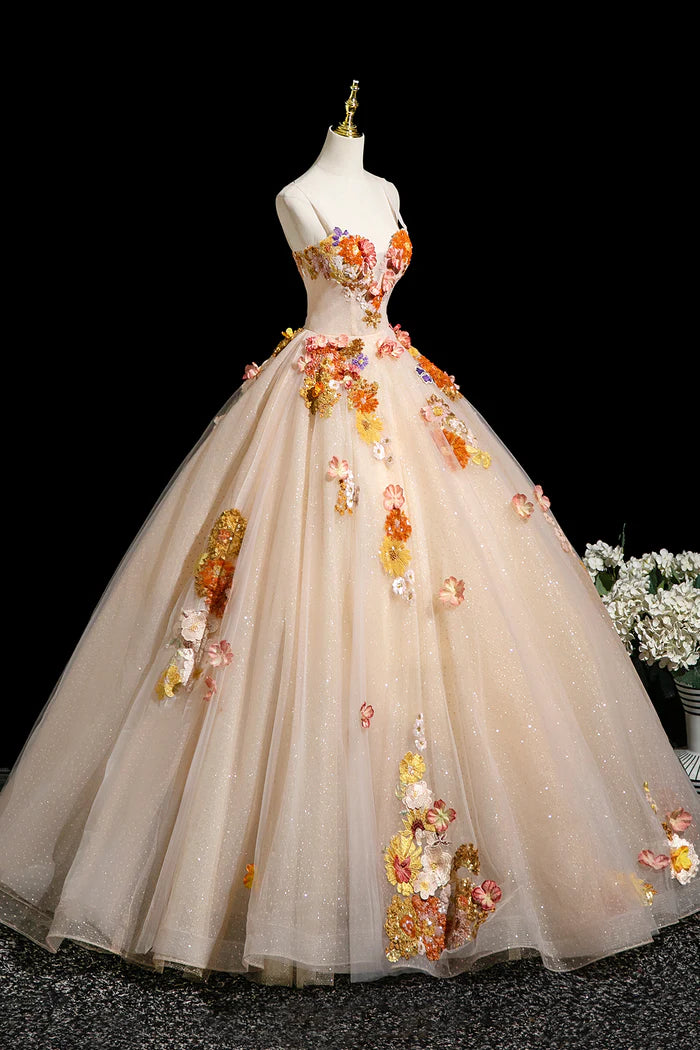 Champagne Tulle Sequins Long Prom Dress, Beautiful A-Line Evening Party Dress