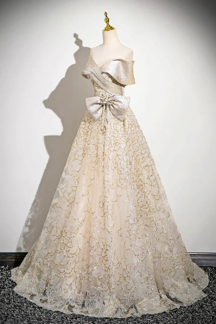 Champagne Tulle Sequins Long Prom Dress, Off the Shoulder Evening Party Dress