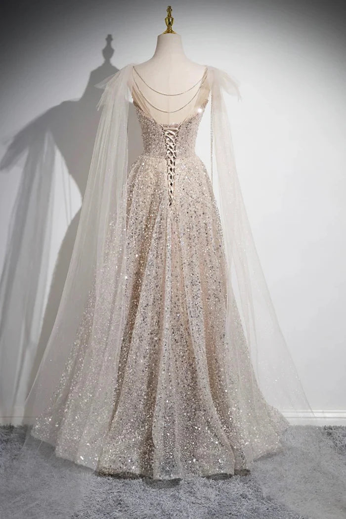 Champagne Tulle Sequins Long Prom Dress, Shiny A-Line Party Dress