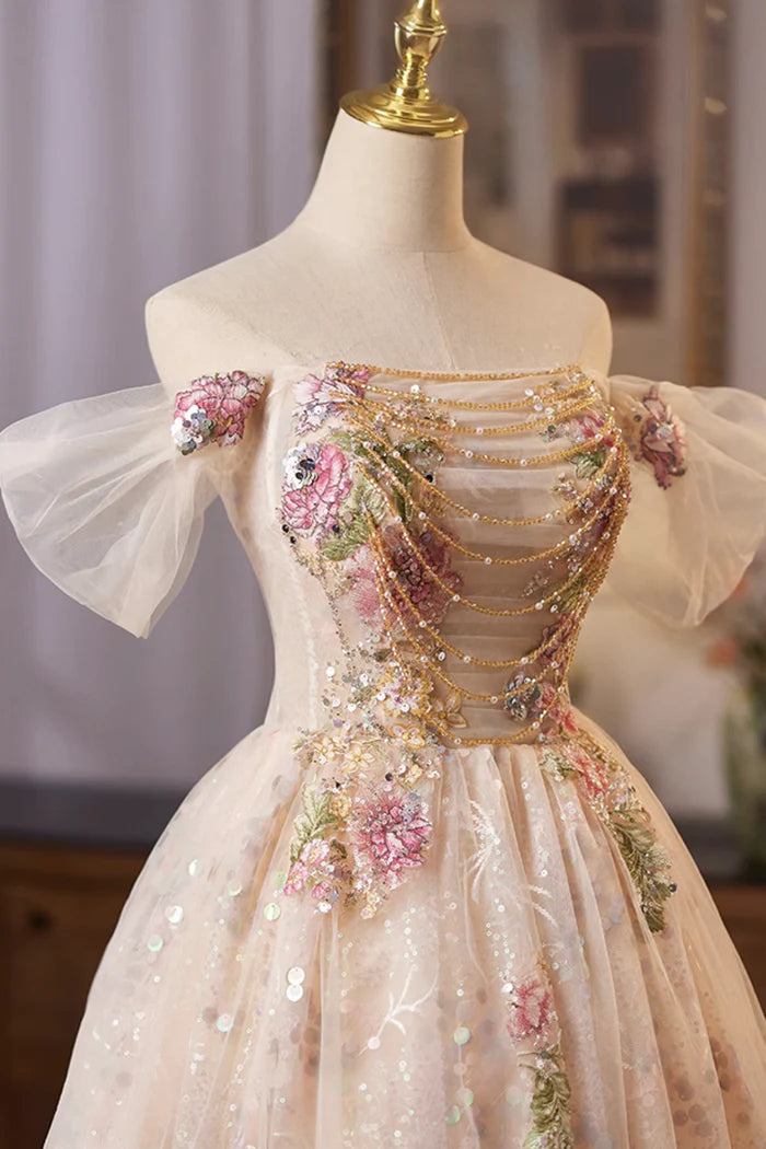 Champagne Tulle Sequins Short Prom Dress, A-Line Off the Shoulder Party Dress