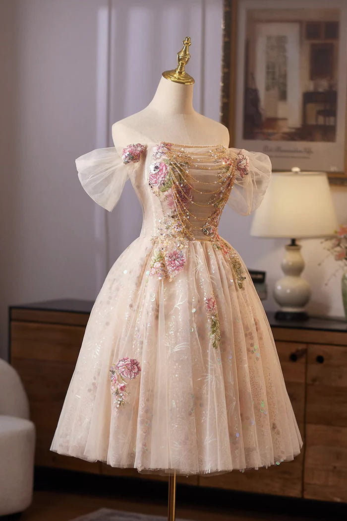 Champagne Tulle Sequins Short Prom Dress, A-Line Off the Shoulder Party Dress