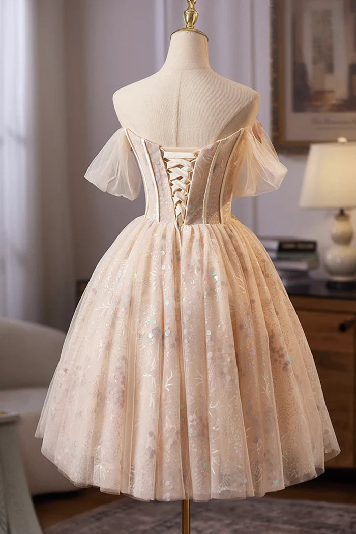 Champagne Tulle Sequins Short Prom Dress, A-Line Off the Shoulder Party Dress