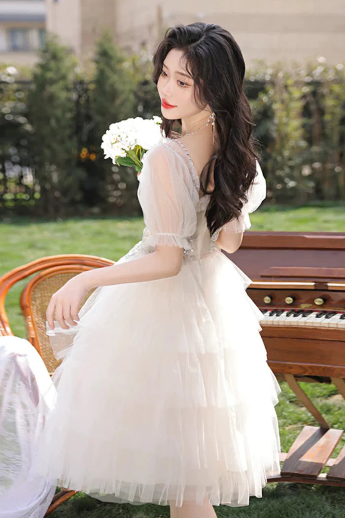 Champagne Tulle Sequins Short Prom Dress, Lovely A-Line Party Dress