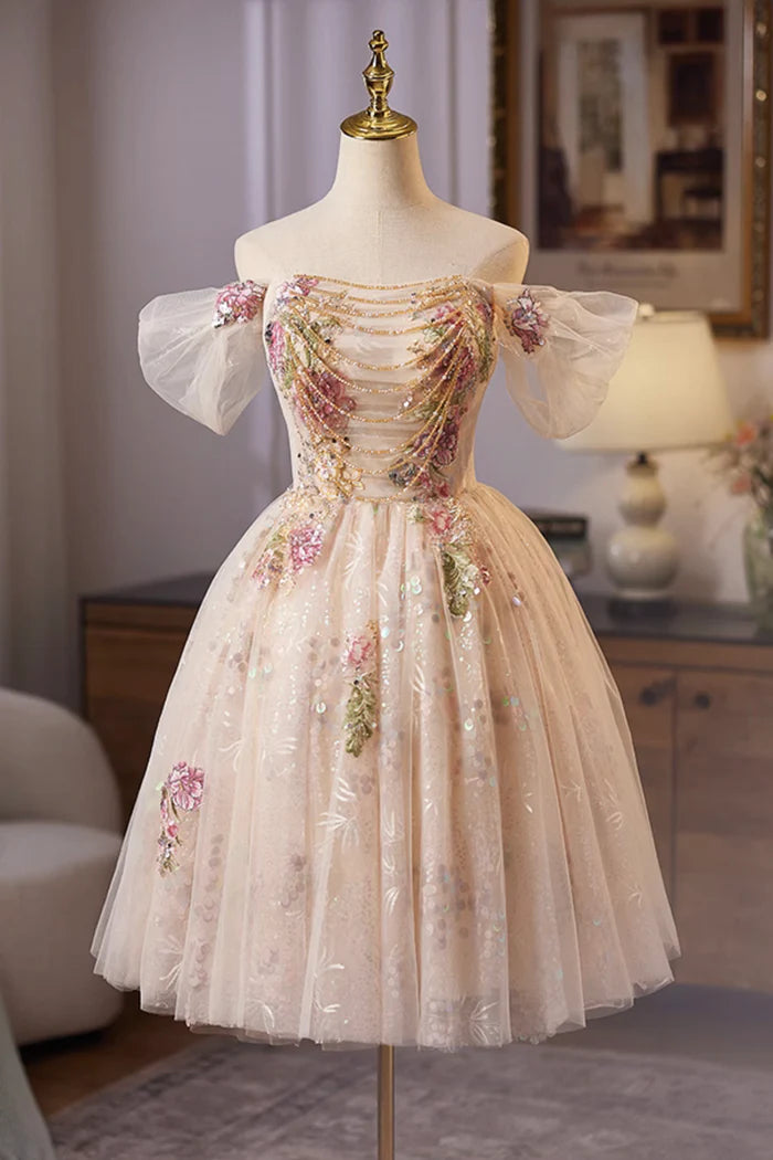 Champagne Tulle Sequins Short Prom Dress, A-Line Off the Shoulder Party Dress
