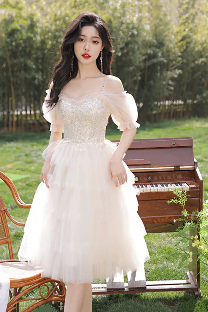 Champagne Tulle Sequins Short Prom Dress, Lovely A-Line Party Dress