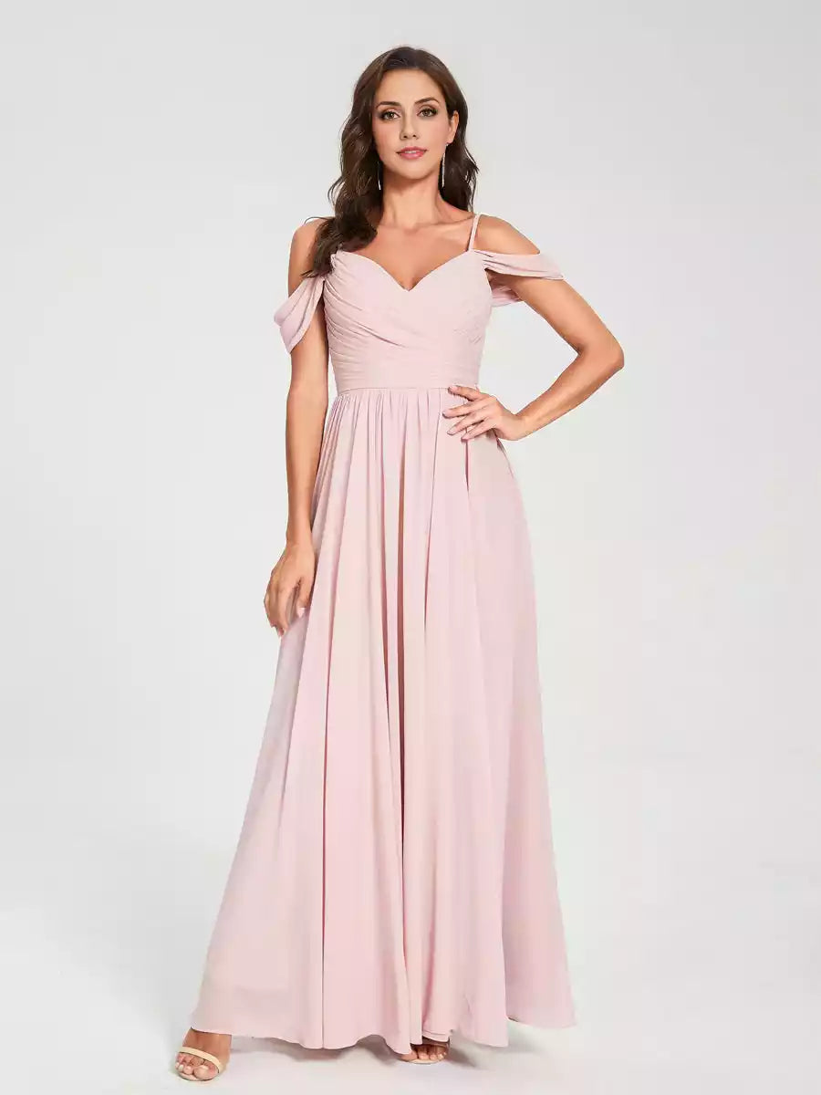 Charming A-line/Princess chiffon camisole with off shoulder sleeveless and floor slit Bridesmaid Dresses