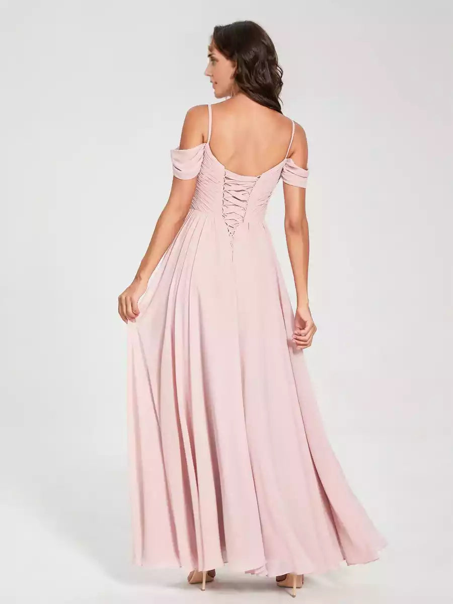 Charming A-line/Princess chiffon camisole with off shoulder sleeveless and floor slit Bridesmaid Dresses