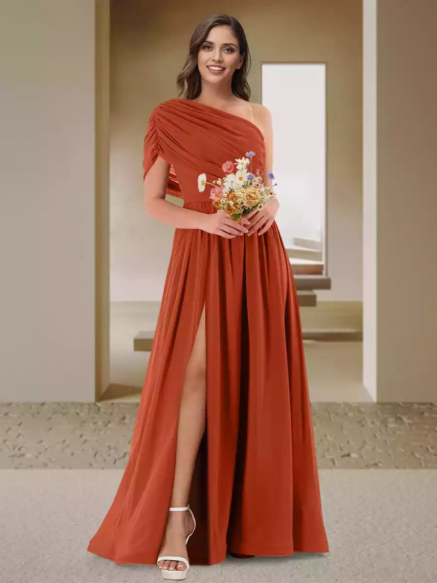 Charming A-line/Princess style single shoulder pleated satin side slit Bridesmaid Dresses