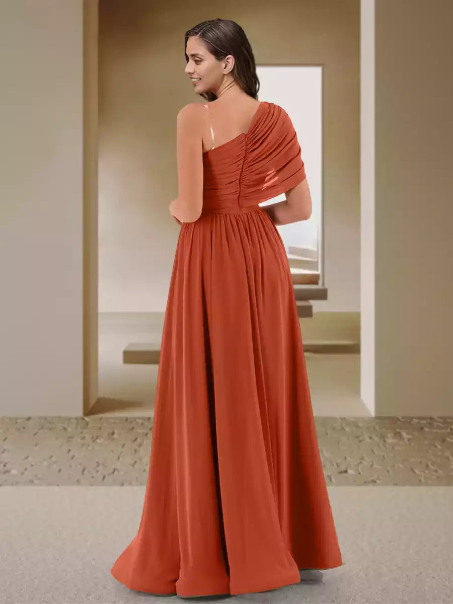 Charming A-line/Princess style single shoulder pleated satin side slit Bridesmaid Dresses