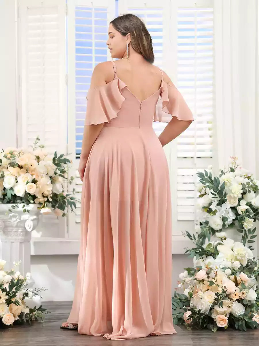 Charming A-line V-neck camisole short sleeved asymmetrical chiffon oversized Bridesmaid Dresses
