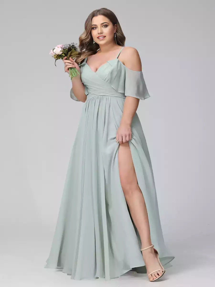 Charming A-line V-neck chiffon long size plus side slit thin shoulder strap Bridesmaid Dresses