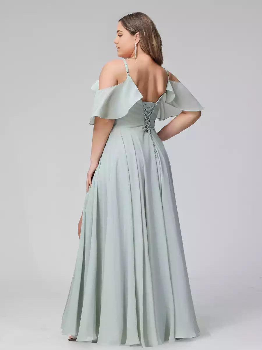 Charming A-line V-neck chiffon long size plus side slit thin shoulder strap Bridesmaid Dresses