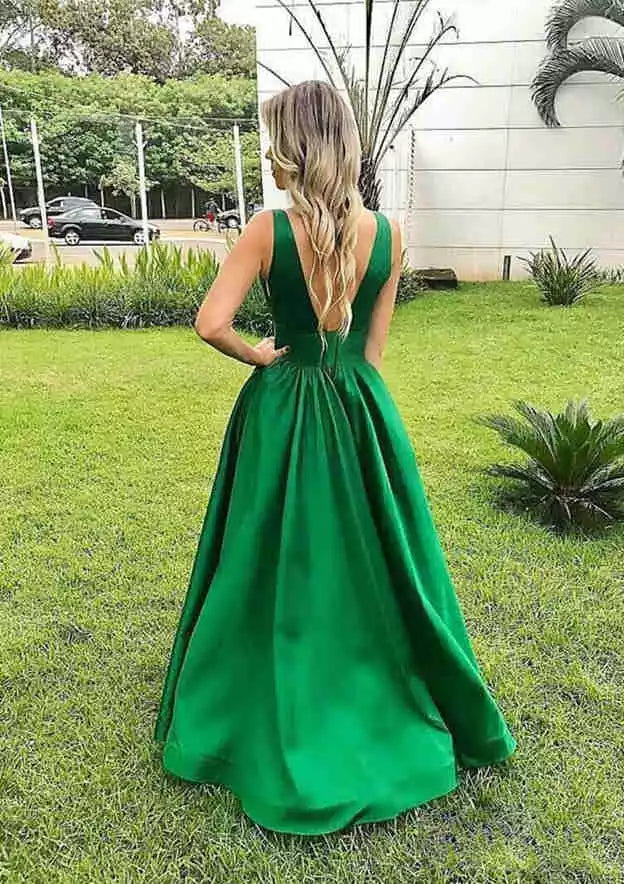 Charming A-line V-neck sleeveless long/satin pleated Prom Dresses