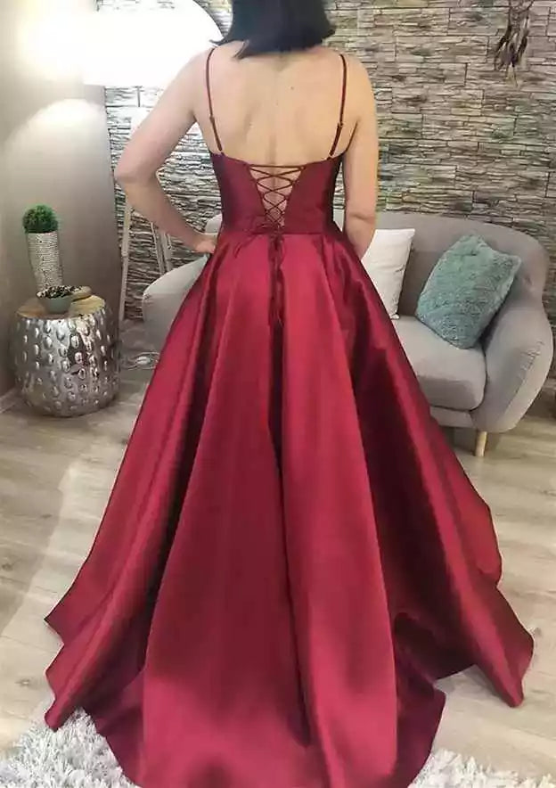 Charming A-line V-neck slim shoulder strap long/satin Prom Dresses