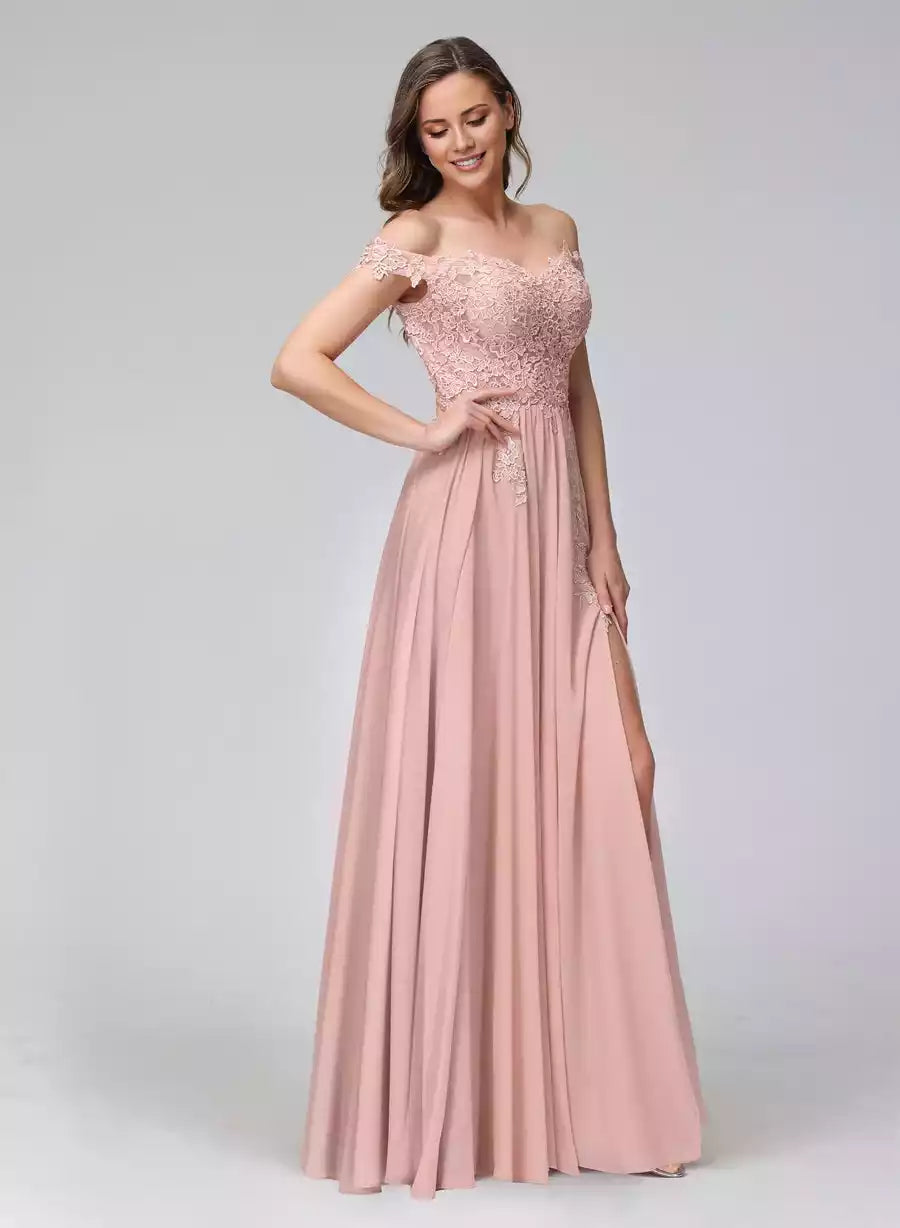 Charming A-line off shoulder sleeveless applique chiffon long side slit Bridesmaid Dresses